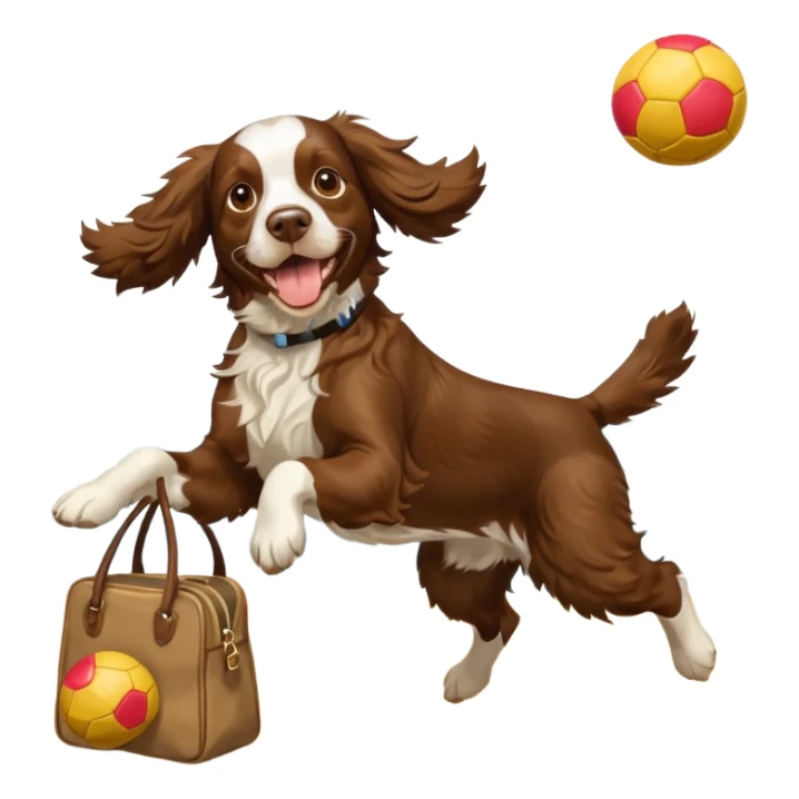 brown English springer spaniel jumping for joy on a Northumberland beach with a bag of balls sticker