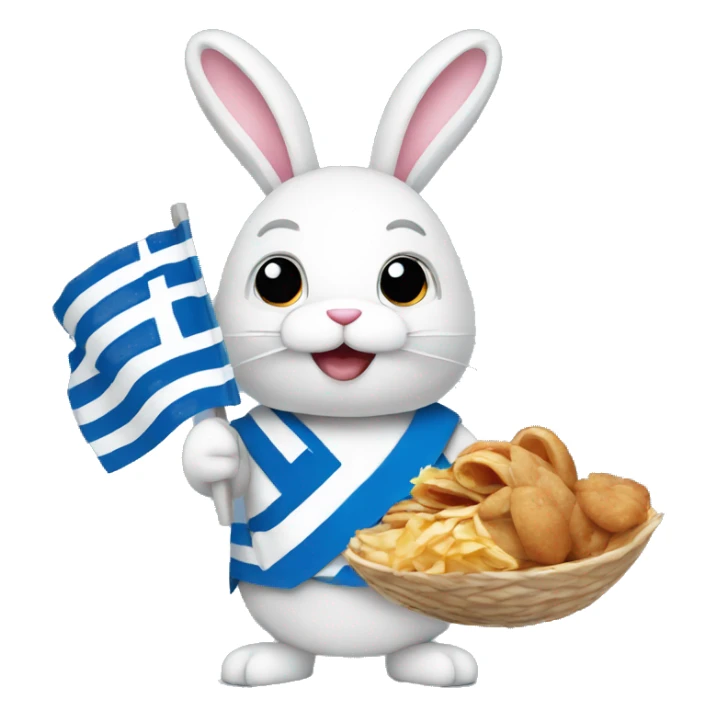 Easter bunny wearing a Greek flag holding a gyros sticker