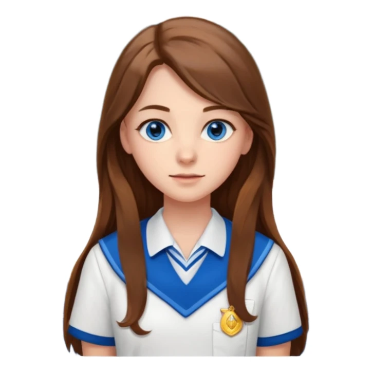 high school class room with a pretty female high school student with long brown hair, blue eyes sticker