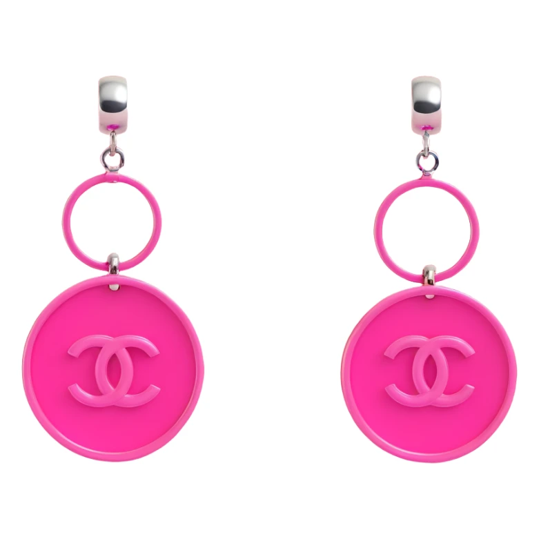 Remove any pearl elements, keep as glossy pink 3D emoji-style hoop earrings with dangling silver Chanel logos, luxurious, with no background. sticker