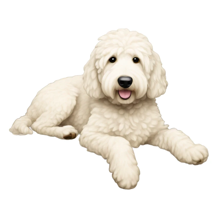 White cream golden doodle laying on a gray couch sticker