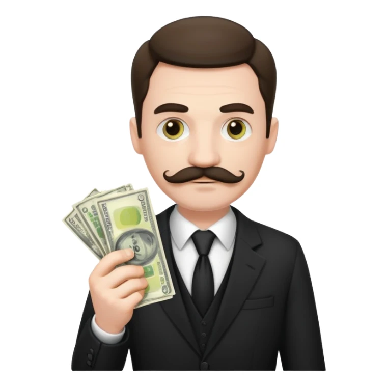 suspicious man uin a suit with a mustache and money sticker