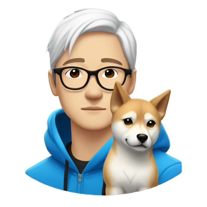 A young guy with long white hair pulled back into a ponytail and white skin and black-framed glasses and nose piercing wearing blue hoodie and a Shiba Inu dog next to him sticker