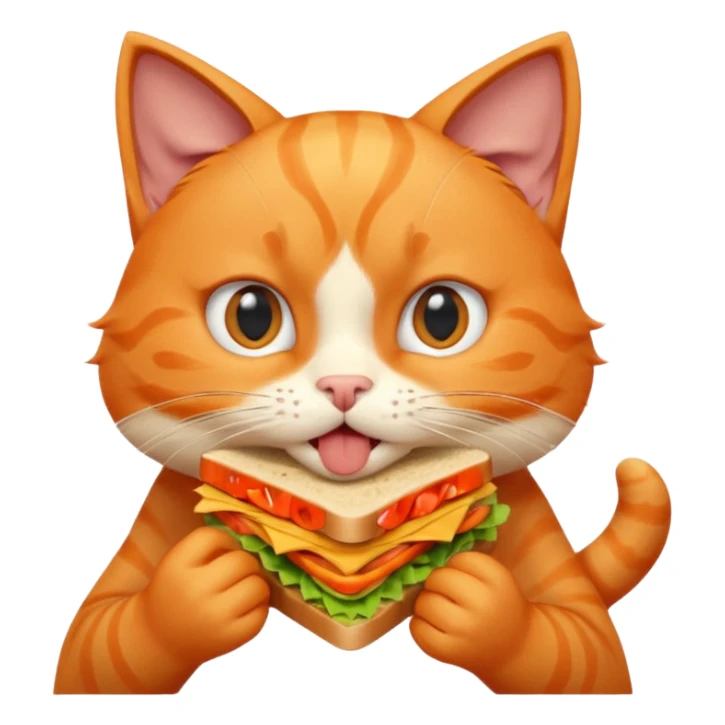 cute orange cat portrait, head and shoulders only, biting a sandwich, funny expression, 3D cartoon, mobile game icon style, clean background, no text, no watermark sticker