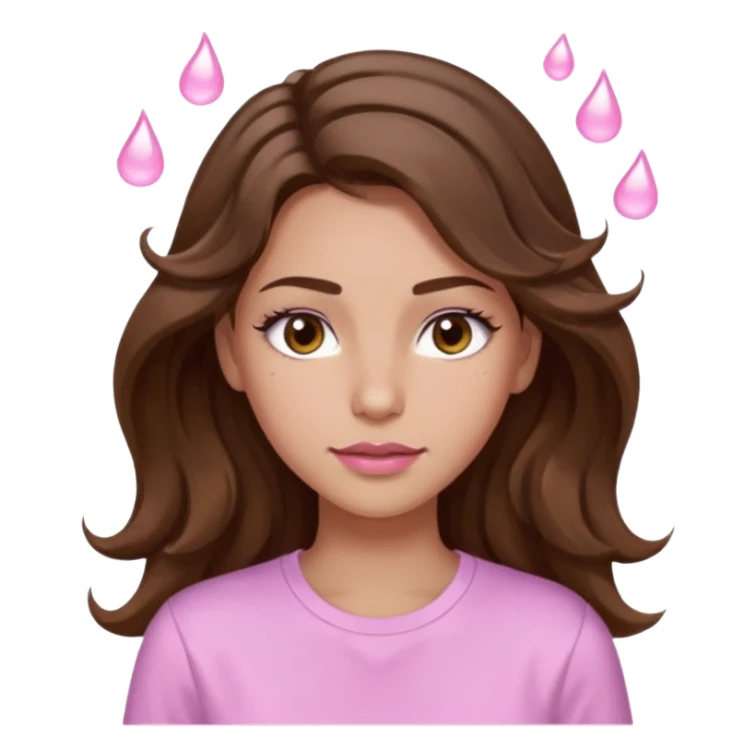 girl with wavy long brown hair, brown eyes, light to medium complexion, long lashes, light pink lipstick, wearing light pink shirt, sweat drops on the forehead sticker