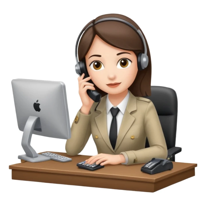 female phone support agent, at desk with computer and phone sticker