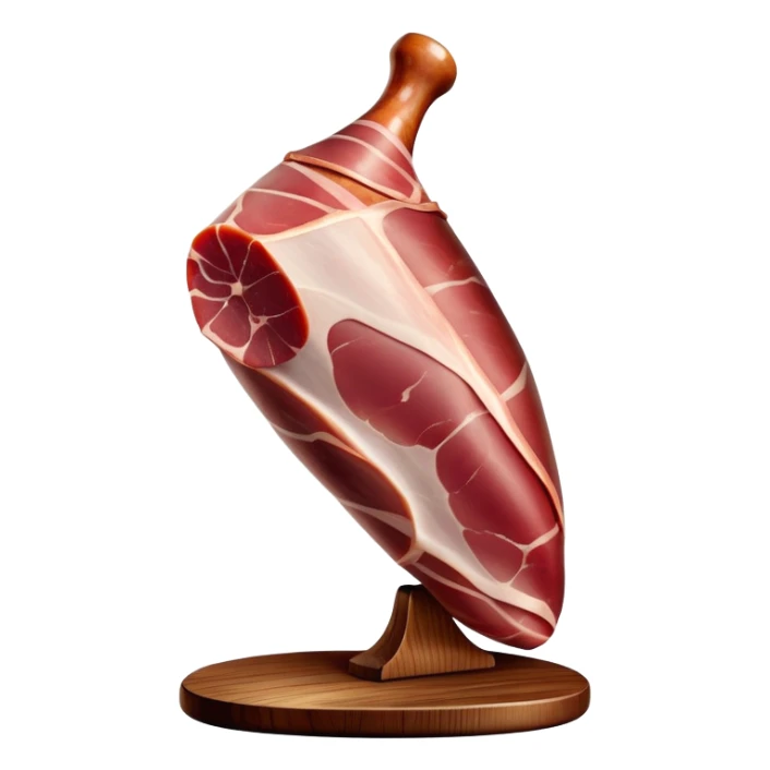 _cinematic-realistic-spanish-ham-leg,-depicted-as-a-massive,-cured-leg-of-jamón-serrano-(ham)-with-a-deep-reddish-brown-hue on the outside,-intricately-marbled-and-slightly-glossy-with-age,-elegantly-displayed-on-a-rustic-wooden-stand-and-bathed-in-warm sticker