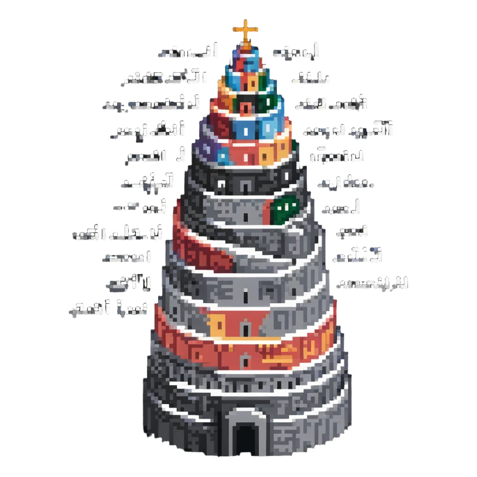 Tower of Babel with multiple languages written around it sticker