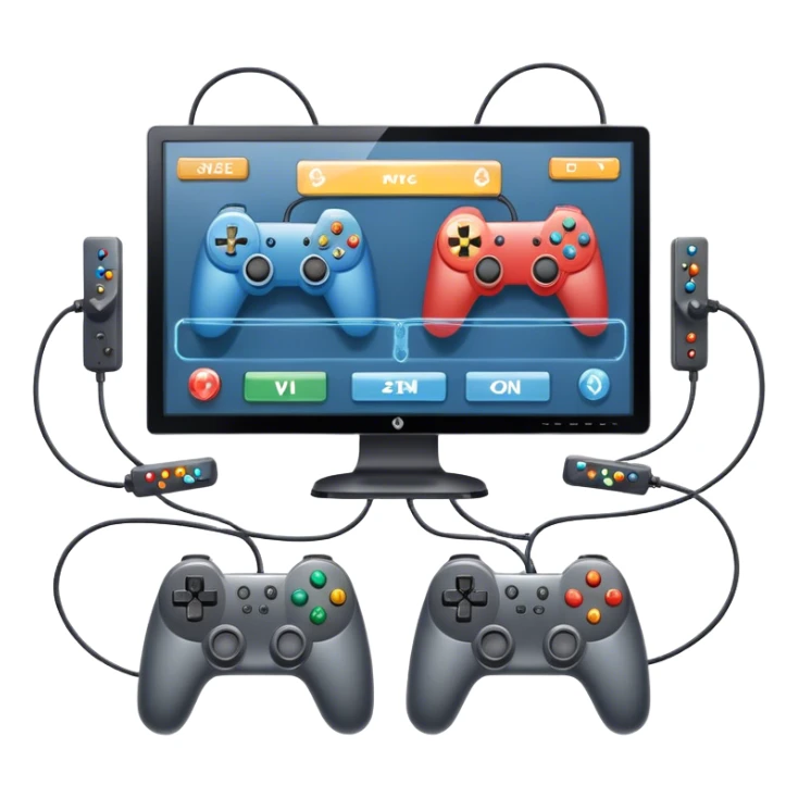 An icon showing two monitors with gaming interfaces, connected by a wire. Each monitor displays a different game screen, with two gamepads placed nearby, symbolizing multiplayer gameplay. transparent background. sticker