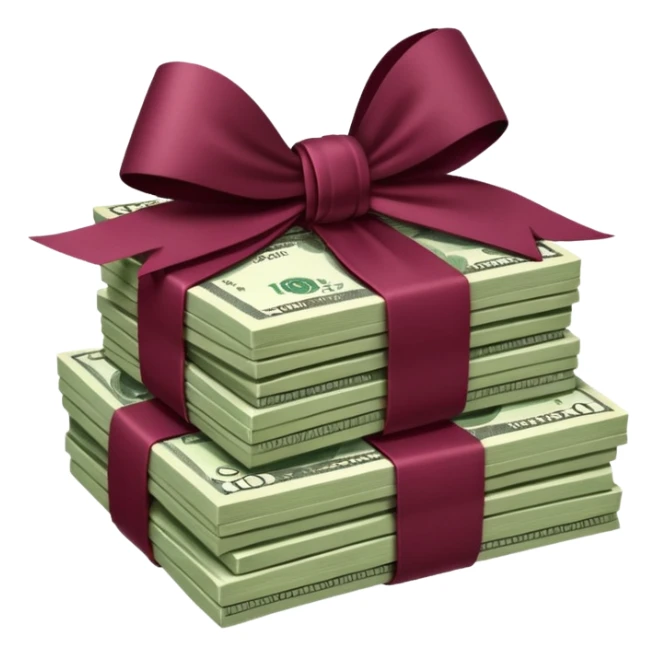 stack of flying money wrapped ina burgundy bow sticker