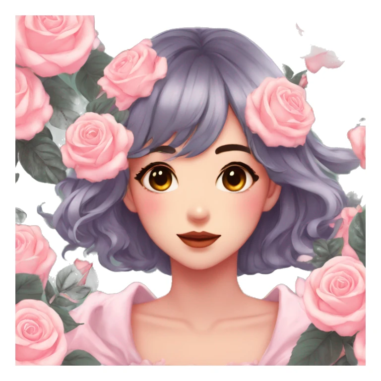 Gorgeous shiny pastel anime style lady with blushing face and roses leaves shiny aesthetic trending style sticker