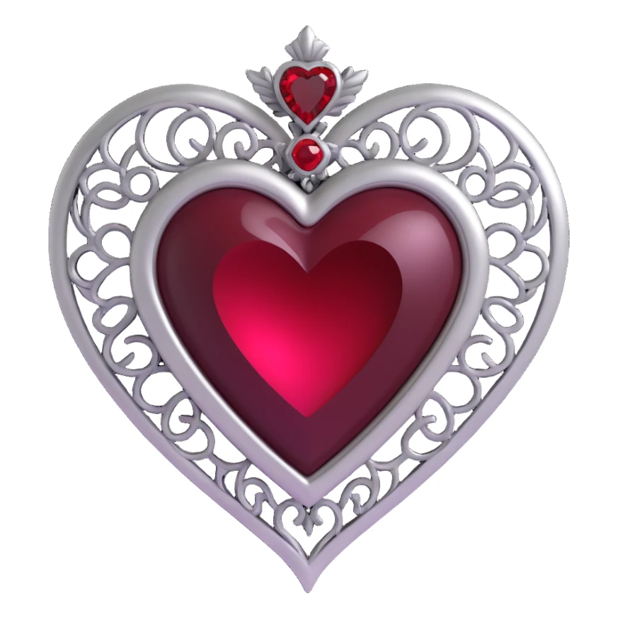 3D emoji gothic heart, black velvet texture, silver filigree details, deep red gemstone center, ornate and dramatic style sticker
