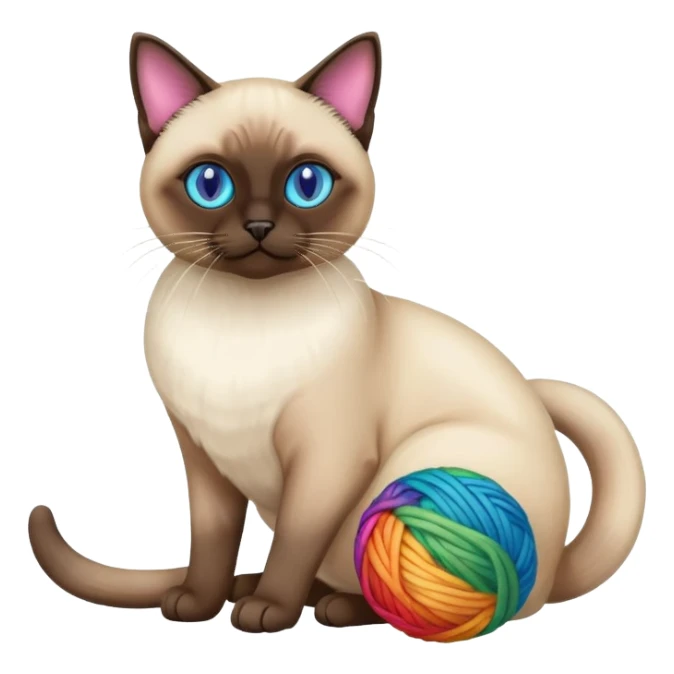 Siamese cat sitting full body with rainbow eyes playing with a wool ball sticker