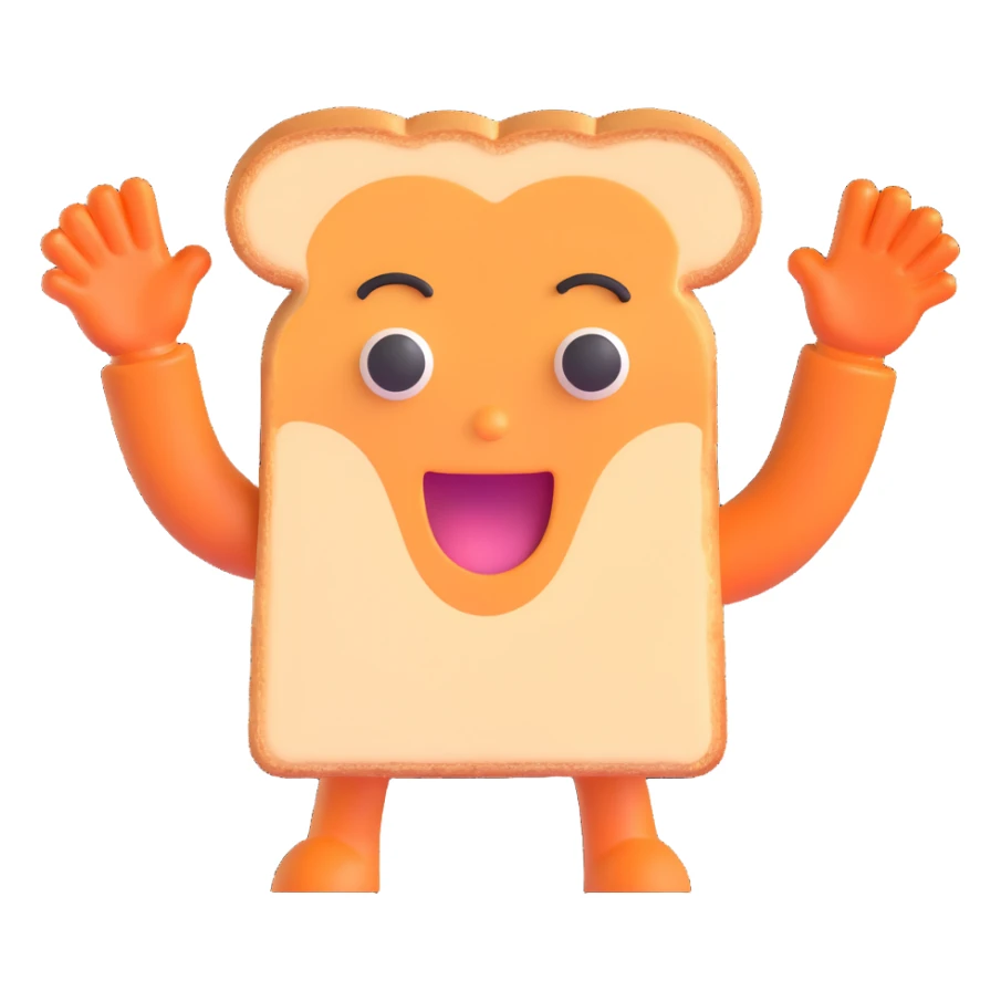 3D emoji style, surprised slice of toast with arms up sticker
