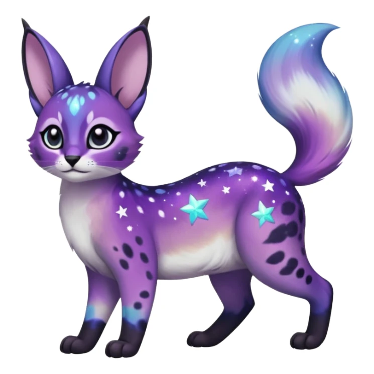 Colorful black-violet-indigo-purple-gradients nebulae nebula starry galactical shiny white-stars-spotted glorious iridescent divine exotic cute cool beautiful realistic Meloetta-caracal-civet-bunny-oncilla-animal-Fakémon-hybrid-fursona (full body) sticker