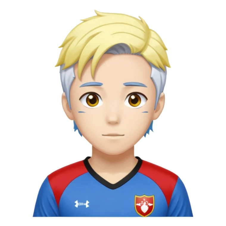 High school soccer player. Wears a uniform with red based and black on sides and yellow. His hair is a mixture of white on the top and blue on the bottom. He is a anime character from Bluelock and is Dutch. sticker