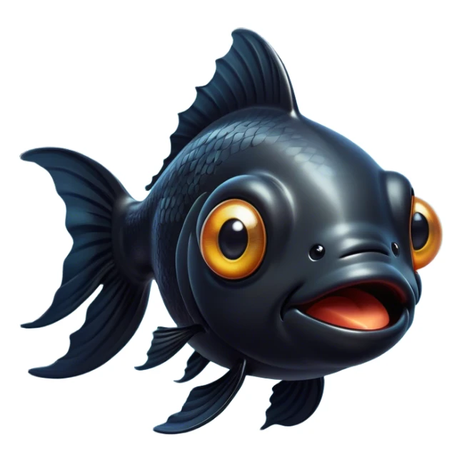 Cinematic Comical Black Goldfish Portrait Emoji, Head tilted dramatically with an exaggeratedly amused expression, featuring a striking, glossy deep black body with vibrant, fluttering fins, wide, expressive golden eyes filled with playful disbelief, Simplified yet hilariously expressive features, highly detailed, glowing with a slightly sassy glow, high shine, dramatic yet playful, stylized with an air of cheeky mischief, bright and endearing, soft glowing outline, capturing the essence of a spirited and over-the-top goldfish, so meme-worthy it feels like it could side-eye its way into internet fame instantly! sticker