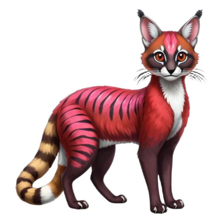 Colorful dark tropical sanguine-red, black, white iridescent glorious divine exotic cute cool beautiful shiny beautiful floral fantasy-caracal-civet-genet-sergal-vernid-Cacomistle-oncilla-animal-Fakémon-hybrid-fursona with pattern markings (full body) sticker