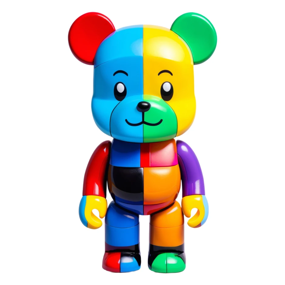Bearbrick figure with classic KAWS crossed-out X eyes, colorful bear-shaped collectible toy with articulated limbs sticker