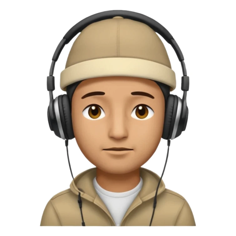 Half body man wearing topi and headphones, eyes closed, realistic emoji style. sticker