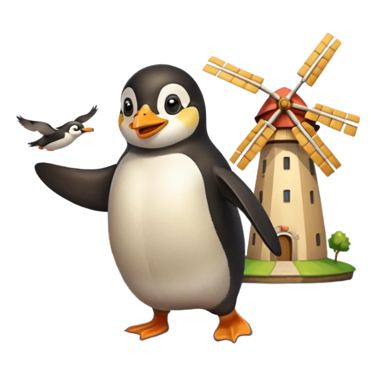 happy penguin flying with a hamburger, Dutch countryside with canals and windmills below sticker