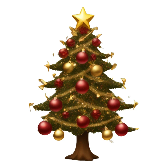 Super twinkly full christmas tree with dark red and gold decorations and gold tinsel sticker