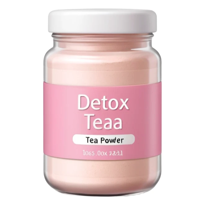 White jar of detox tea powder with pastel pink label, soft shadows sticker
