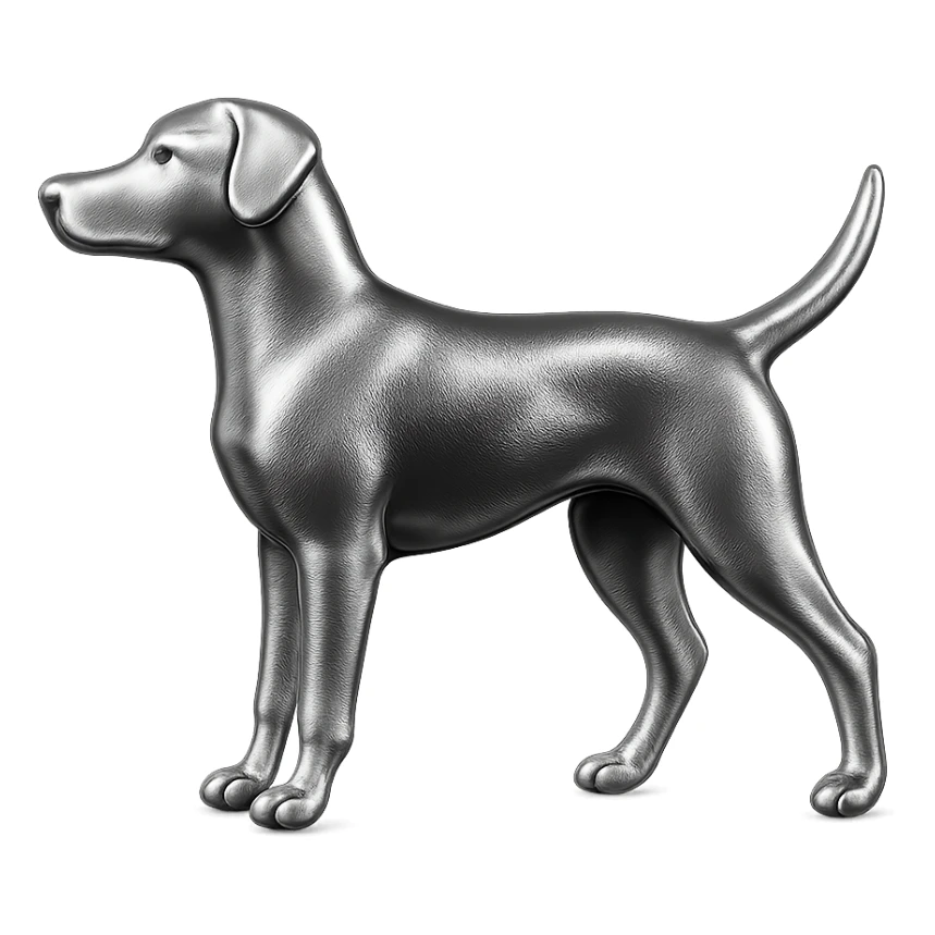               Apply a high-end, photorealistic metallic chrome material to the provided {subject}. The material should have a smooth, slightly curved surface with subtle reflections and soft shadows, resembling brushed or polished silver metal. Preserve the exact shape, proportions, and design of the original object. Set it against a solid black background (#000000) in 8K resolution. The lighting should enhance the beveled edges and reflective highlights, creating a sleek, premium finish. {subject} = dog pointing left sticker