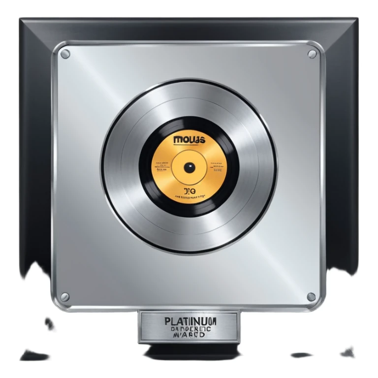 A platinum music award plaque: a square, polished platinum plate with a subtly textured, mirror-like finish, mounted on a simple dark metal base. The center features a relief of a or stylized vinyl record in a slightly darker metallic tone.  sticker