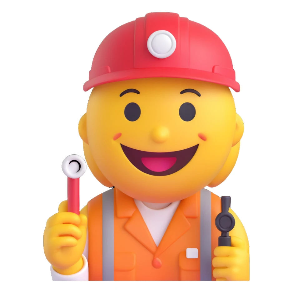 3D smiley emoji, round shape, railway worker hat and whistle, smiling face sticker