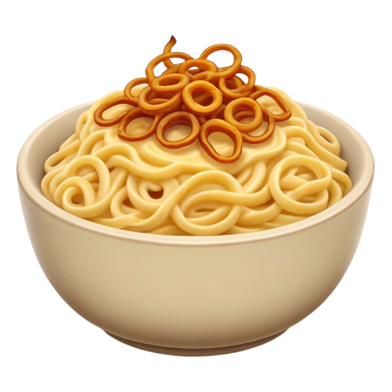cheesy noodles in a rustic bowl topped with fried onions sticker
