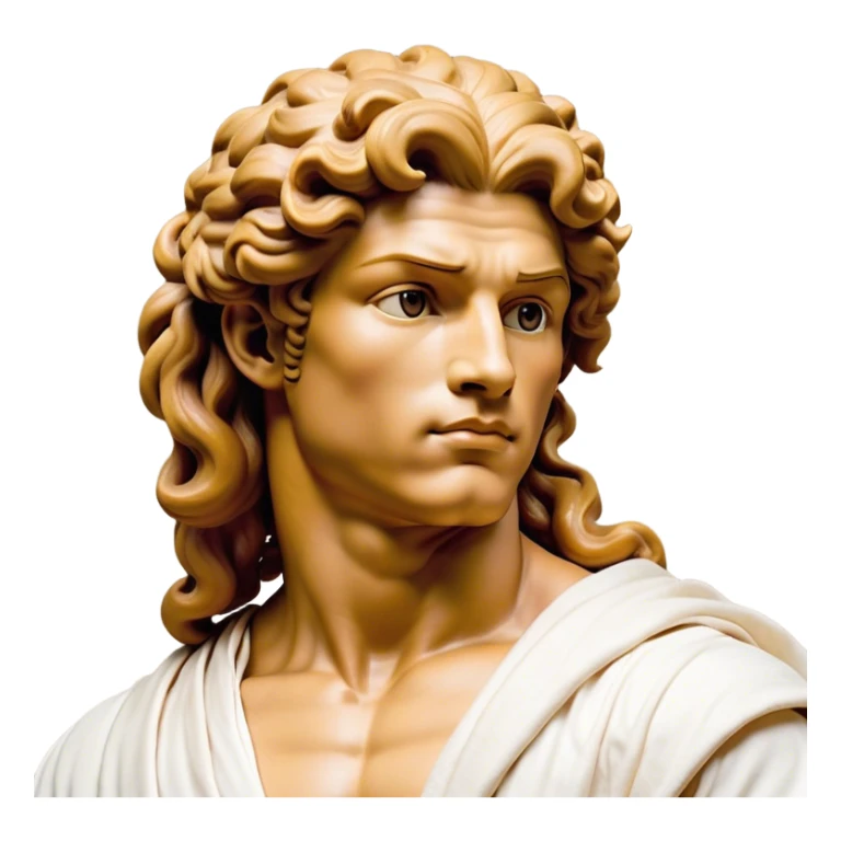 Cinematic Realistic Hercules Portrait, head tilted playfully and inquisitively, showcasing a blend of legendary power and youthful charm with the refined features of Michelangelo's David. His light tan, sculpted skin and thick, curly, golden brown hair—styled with wild majesty—evoke the spirit of the lion-wrestling Hercules. Clad in a softly draped white robe with subtle golden details and adorned with a Greek laurel wreath, his expressive eyes and warm smile capture an approachable yet formidable hero, bathed in gentle natural lighting. sticker