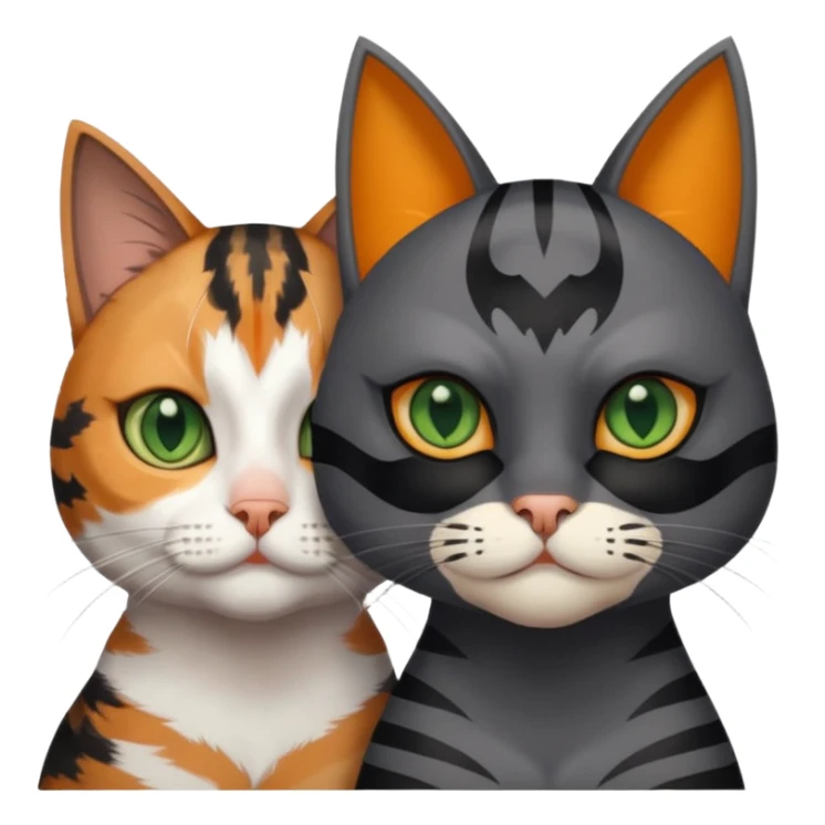 A grey tabby cat with dark grey stripes and green eyes sitting next to a calico cat with orange eyes, calico cat has dark fur around her eye almost like a Batman mask sticker