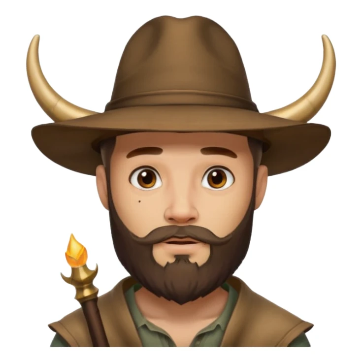 Bearded figure — large brown hat with horn, tattoo on face sticker