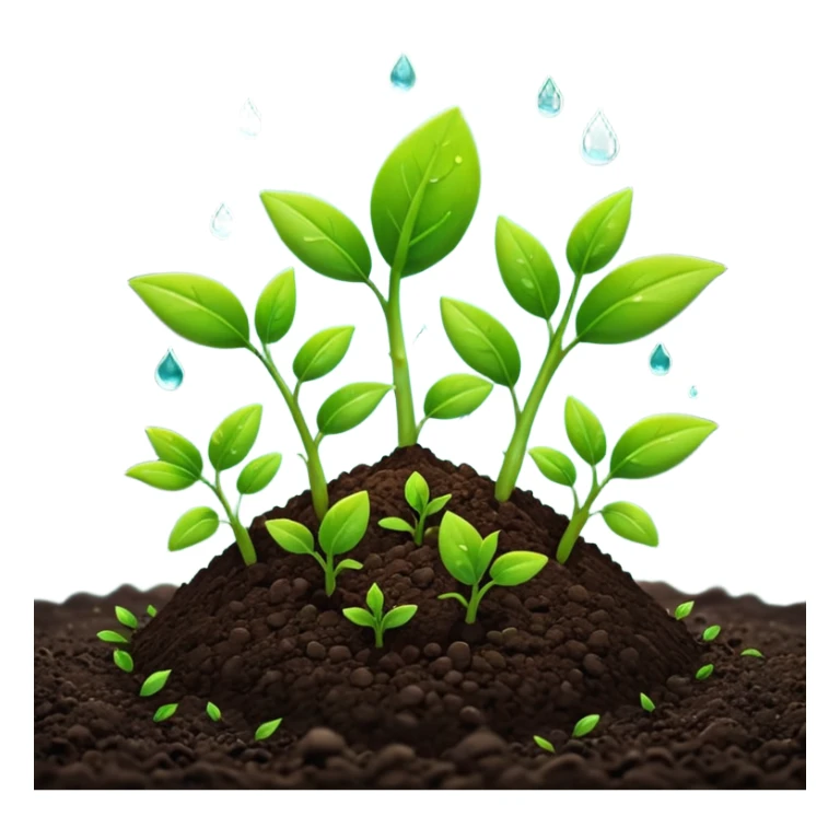 A 3D cartoon view of small green seedlings sprouting from dark soil, soft sunlight, water droplets on leaves, minimal background, realistic Memoji-style look. sticker