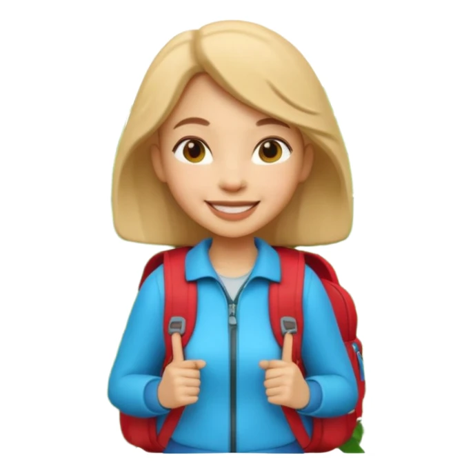A 3D cartoon woman with a backpack smiling outdoors, surrounded by greenery, Memoji-style realism. sticker
