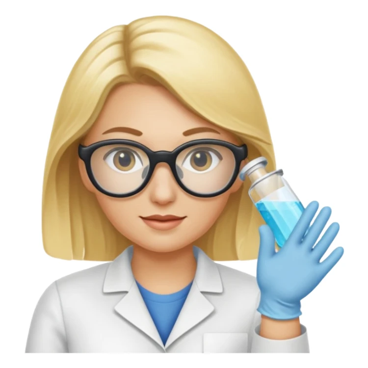 Eine hellblonde Chemikerin mit Kittel, Handschuhen, großer Labor-Sicherheitsbrille und typischem Erlmeyerkolben in der Hand sticker