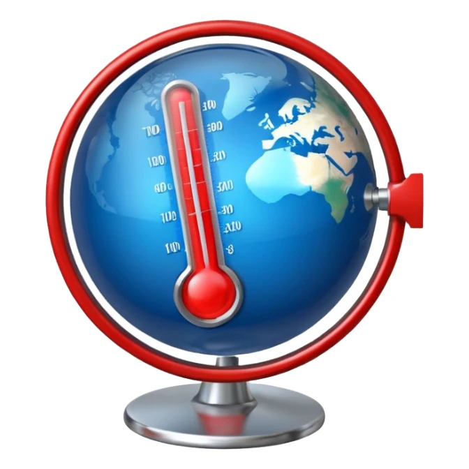 Blue Earth sphere, tilted. Prominent, oversized, fiery red thermometer/gauge, embedded. Indicator peaking 'danger' zone sticker
