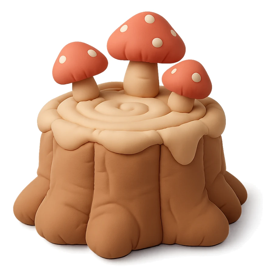 a tree stump cake topped with mushrooms, forest dessert concept, cushion style sticker