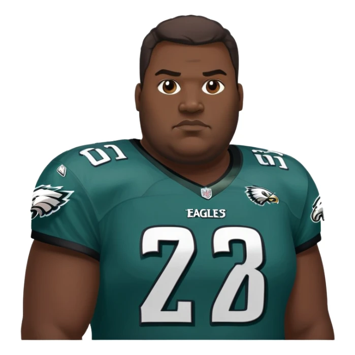Cartoon portrait of a large man with a dark complexion and a Philadelphia Eagles jersey sticker