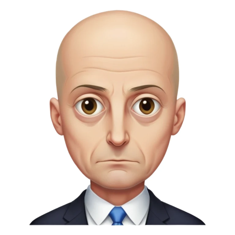 Steven Miller, Trump advisor, bald, very grim expression, very narrow face, pronounced sagging eyelids on the outer sides, bottom lip sticking out sticker