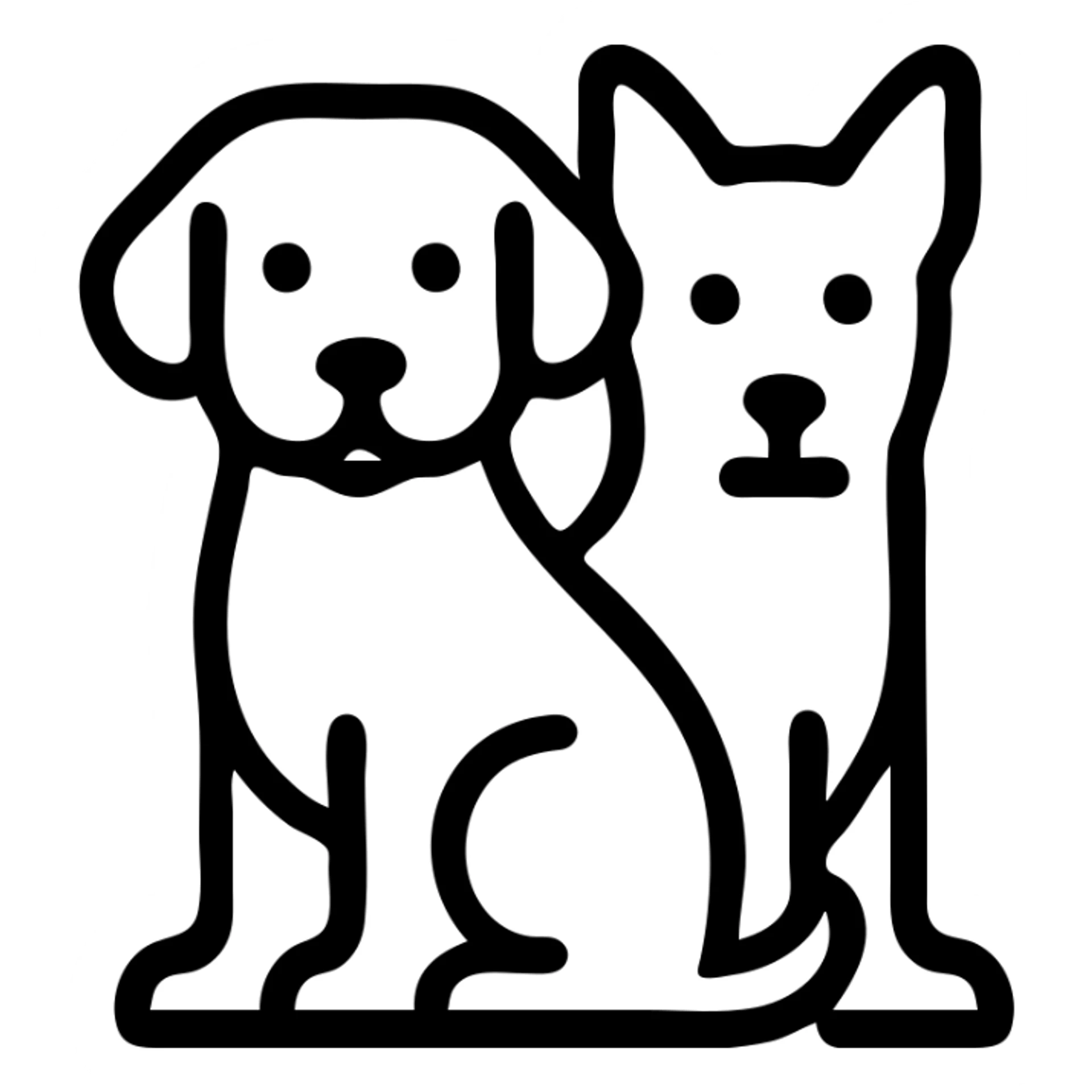 icon of two dogs together, one black and one white, simple lines sticker