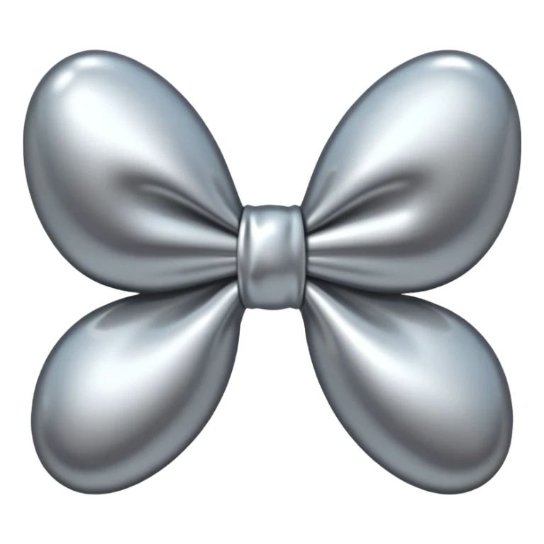 A cute bow emoji made of polished silver chrome, smooth rounded loops, glossy metallic surface, soft mirror reflections, subtle highlights, minimal and adorable proportions, iOS emoji style, centered composition, clean white background, soft studio lighting, no text, no outline, ultra high quality sticker