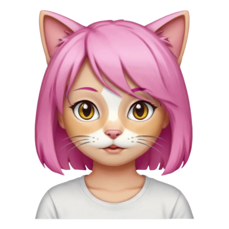 calico cat wear pink hair wig, white T-shirt sticker