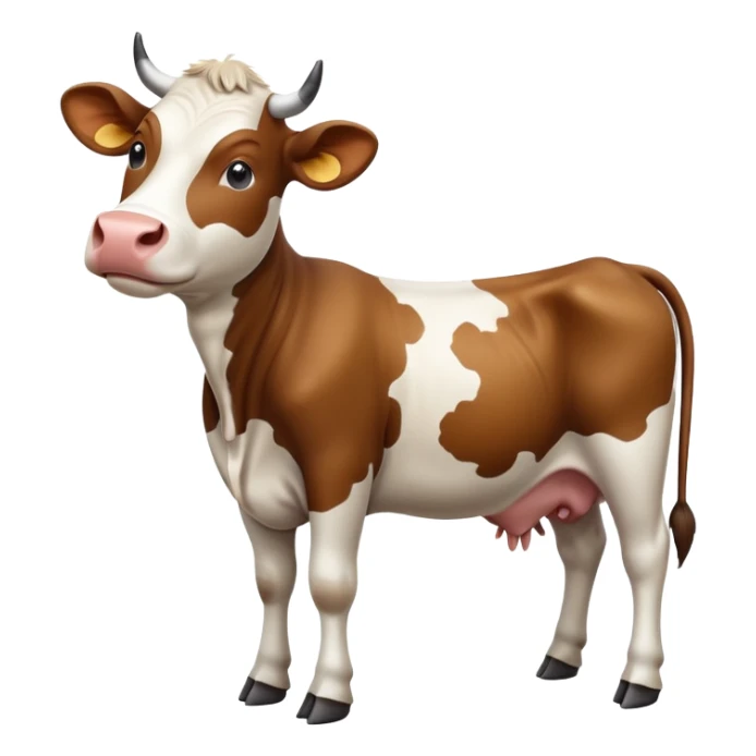 cinematic-[brown and white cow]-realistic-full-body-standing-emoji,-tail-flicking-lazily,-head-tilted-dramatically,-sleek-[brown and white]-coat,-simplified-yet-realistic-focused-features,-highly-detailed,-glowing-with-an-almost-sarcastic-glow sticker