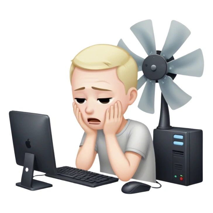 A guy on a pc with a fan on the roof and crying sticker