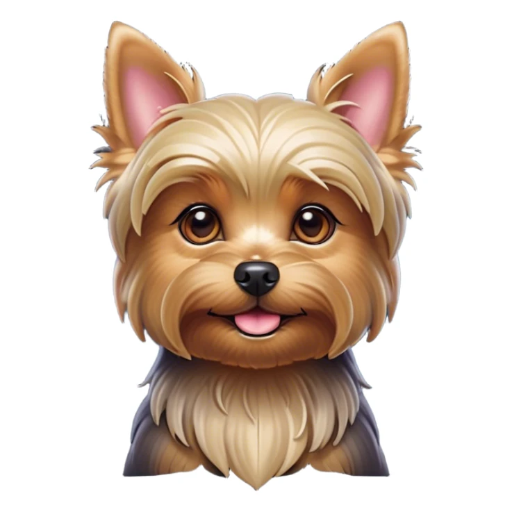 Cinematic Cute Yorkshire Terrier Portrait Emoji, Head perked with bright, twinkling eyes and a perky expression, showcasing a soft, silky fur in rich hues, simplified yet adorably detailed, glowing with a cheerful, inviting glow, high shine, exuding playful intelligence and spunky charm, styled with a gentle, whimsical outline, capturing the essence of a cute Yorkshire Terrier that appears ready to frolic off the screen with irresistible energy! sticker