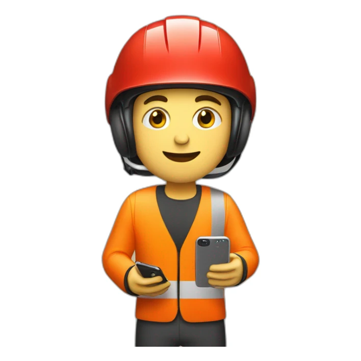 young guy with red bicycle helmet wearing a high visibility suit holding up a smart phone sticker