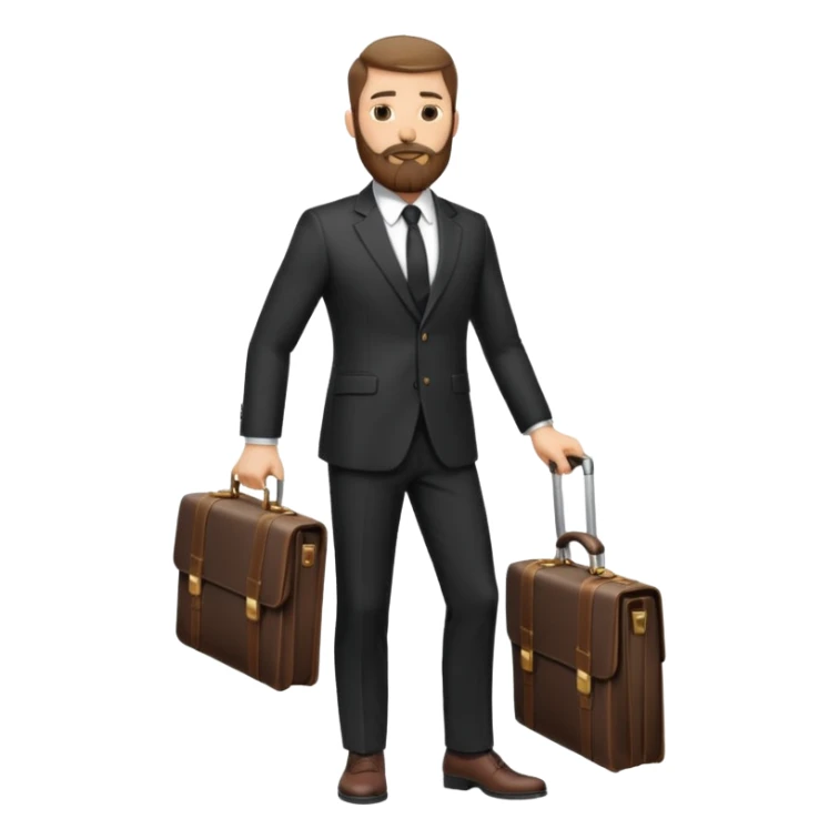 A handsome man, 40+ years old, with a thick beard in a black suit, fair skin, short stylish haircut, full-length photo, wearing an expensive watch, unusual pose, holding a briefcase sticker