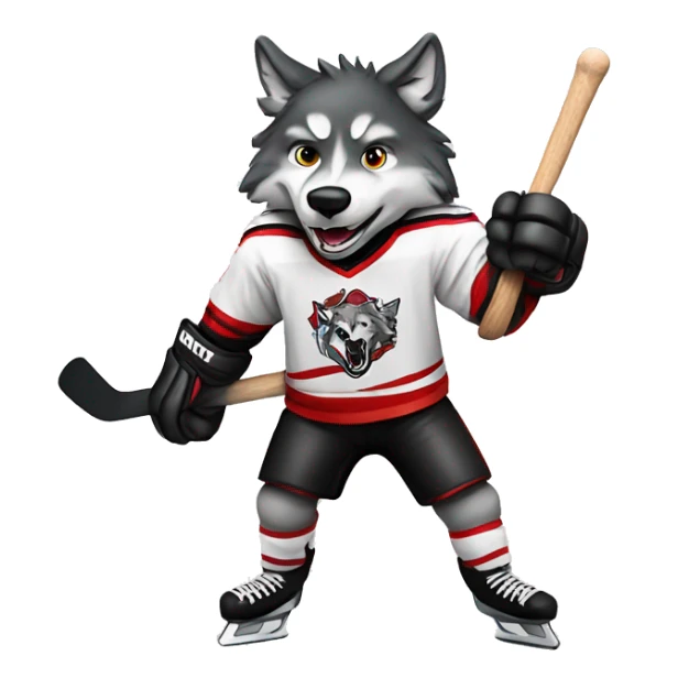 A wolf plays hockey in a black and white red uniform with a wolf emblem on his chest sticker